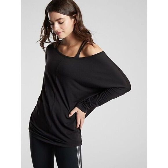 Athleta Essence Flow Top Womens Medium Black Long Sleeve Crew Neck Lightweight - Picture 2 of 7